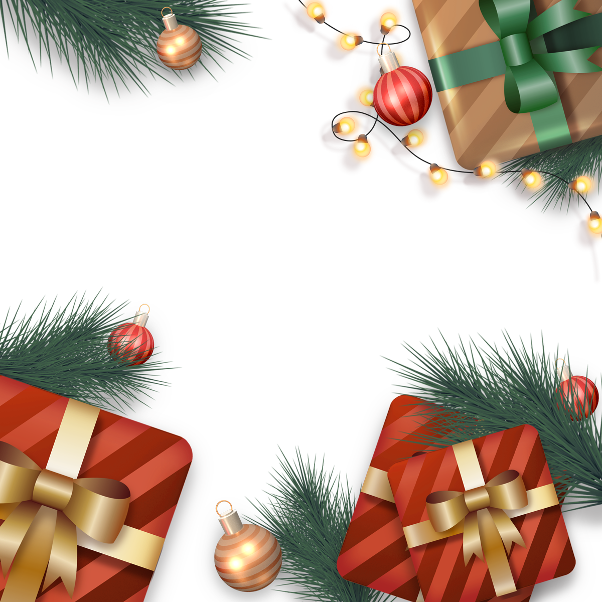 image illustrative pour les fêtes de fin d'année, avec branches de sapin et cadeaux autour